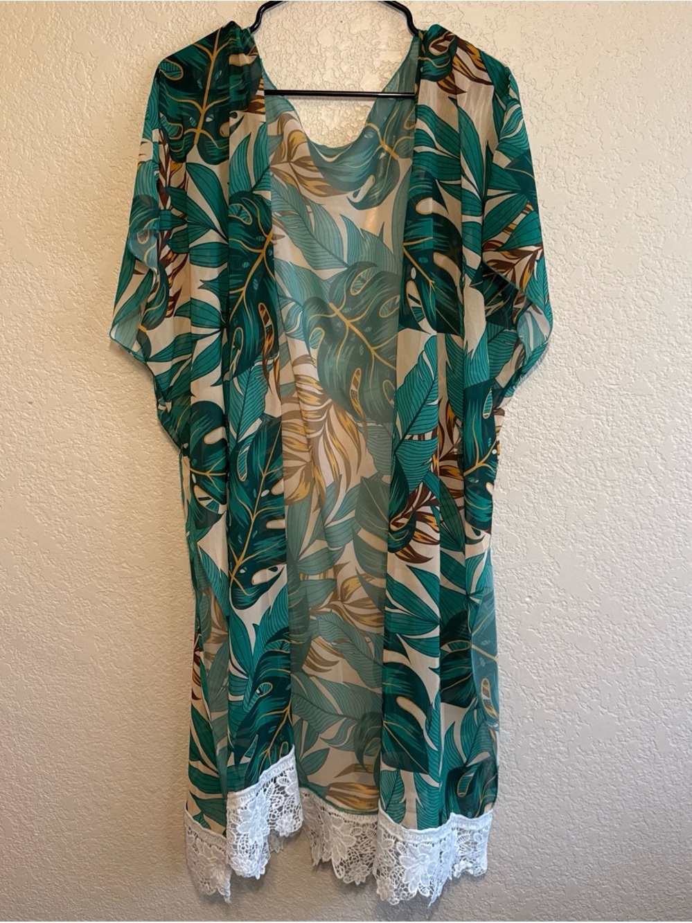 Tropical Leaf Sheer Kimono with Lace Trim - Teal & White